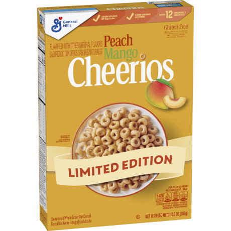 Cheerios limited edition peach mango cereal, frente del producto.
