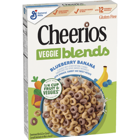 Cheerios veggie blends blueberry banana cereal, frente del producto.