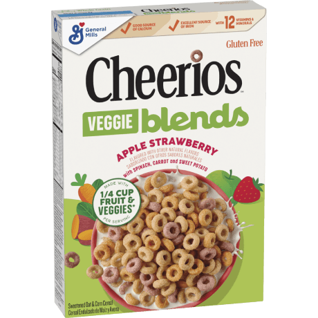 Cheerios veggie blends apple strawberry cereal, frente del producto.