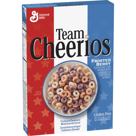 Team Cheerios frosted berry cereal, frente del producto.