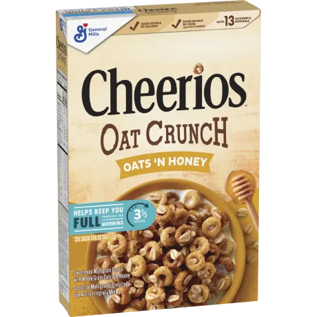Cheerios Oat Crunch Oats 'N Honey cereal, frente del producto.
