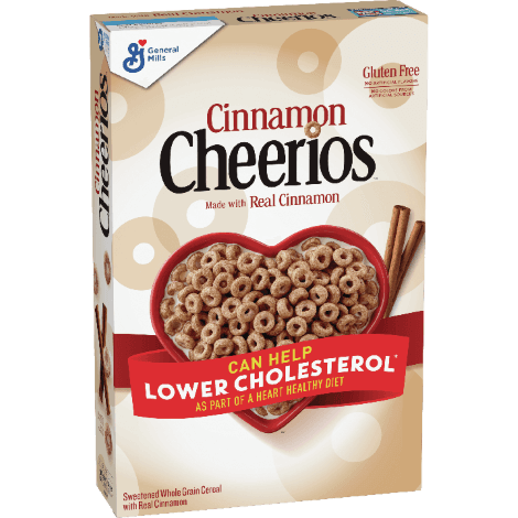 Cinnamon Cheerios cereal, frente del producto.