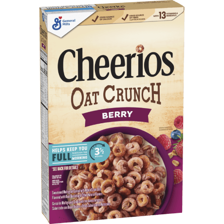 Cheerios Oat Crunch Berry cereal, frente del producto.
