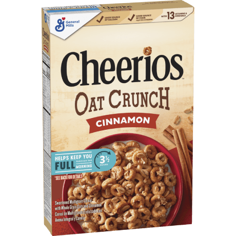 Cheerios Oat Crunch cinnamon cereal, frente del producto.