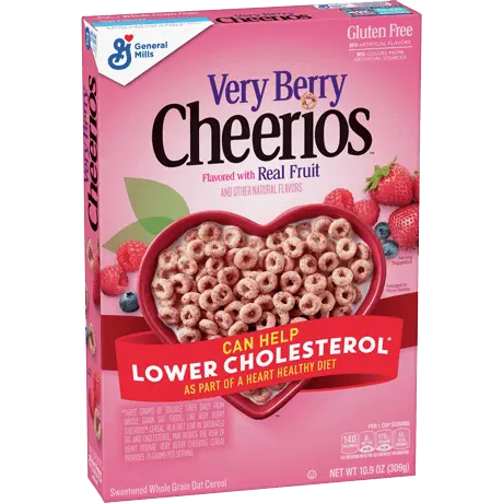 Very berry cheerios with real fruit, front of package