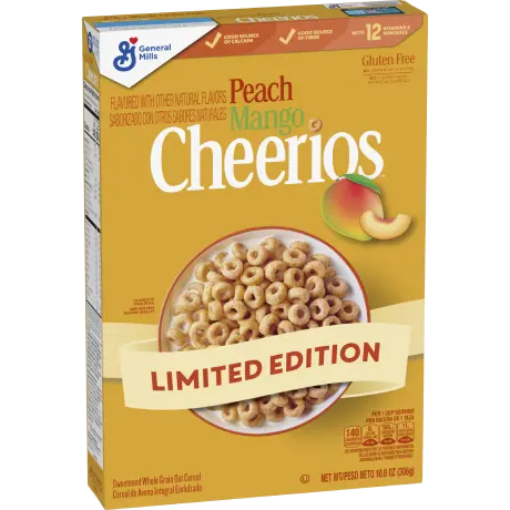 Cheerios limited edition peach mango cereal, front of package
