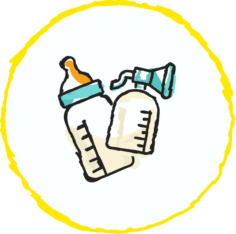 An illustration of a baby bottle and a breast pump inside a yellow circle.
