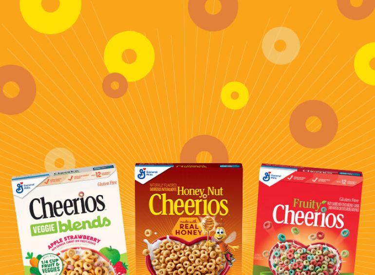 Boxes of Cheerio Veggie Blends, Honey Nut Cheerios and Fruity Cheerios.