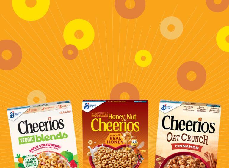 Boxes of Cheerio Veggie Blends, Honey Nut Cheerios and Cheerios Oat Crunch Cinnamon.