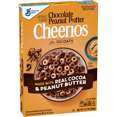 Chocolate Peanut Butter Cheerios cereal, frente del producto.