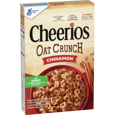 Cheerios Oat Crunch Cinnamon cereal, frente del producto.