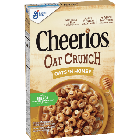 Cheerios Oat Crunch Oats 'N Honey cereal, frente del producto.