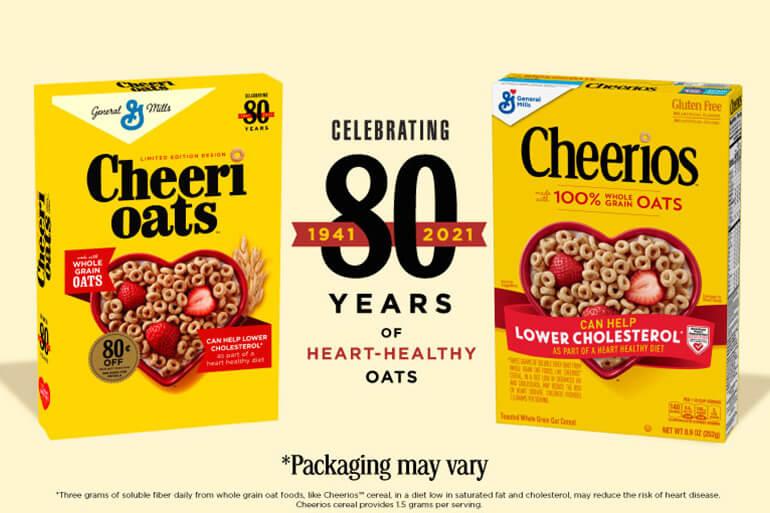 Retro Cheerios box and the text celebrating 80 years of healthy oats