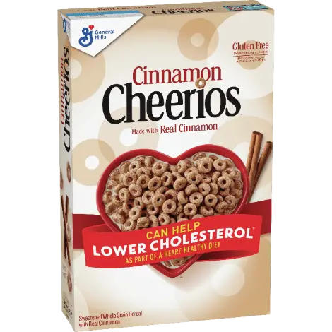 Cinnamon Cheerios cereal, frente del producto.