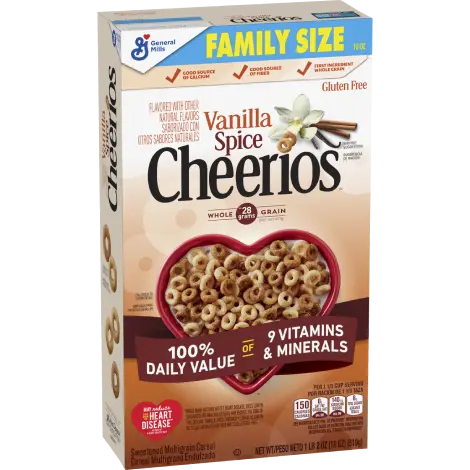 Family Size Vanilla Spice Cheerios, frente del producto.