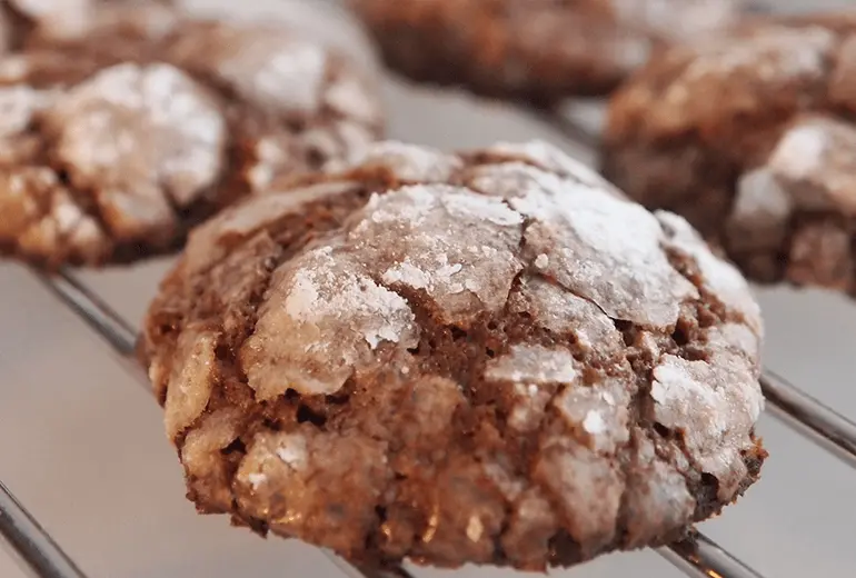 A Non-Dairy Chocolate Truffle Cookie made with blended Cheerios garnished with powdered sugar.
