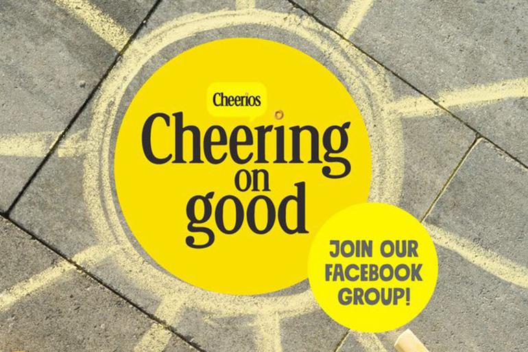 Graphic banner with chalk-drawn sun that represents positivity. The text reads Cheerios, Cheering on good. Join our Facebook group!