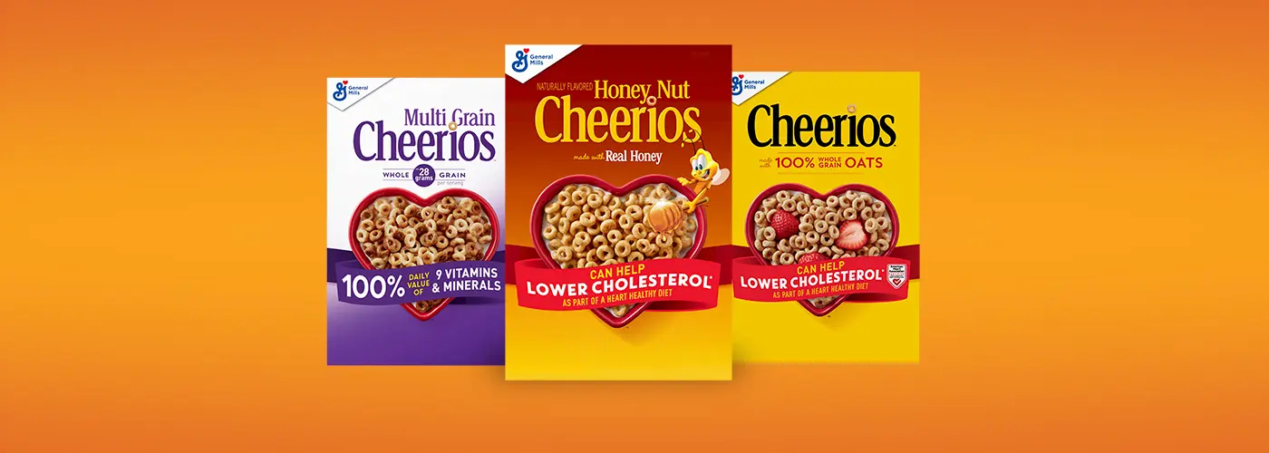 Boxes of heart-healthy cheerios cereal including Multigrain Cheerios, Honey Nut Cheerios and Original Cheerios.