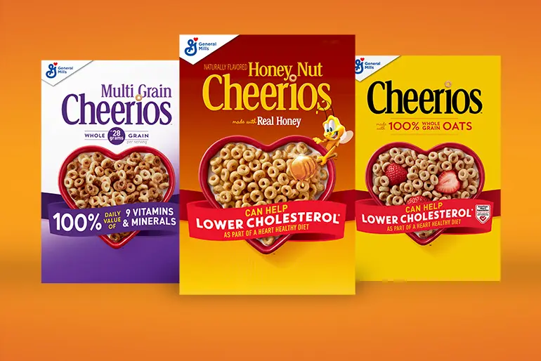 Boxes of heart-healthy cheerios cereal including Multigrain Cheerios, Honey Nut Cheerios and Original Cheerios.