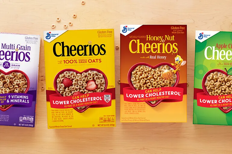Heart healthy Cheerios cereals, Multi Grain, Original, Honey Nut, and Apple Cinnamon.