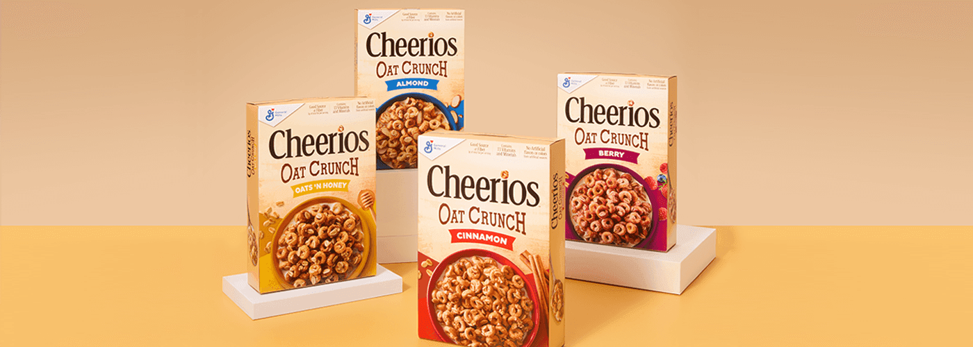 Group of 4 Cheerios Oat Crunch cereals, Oats 'N Honey, Almond, Cinnamon, Berry.