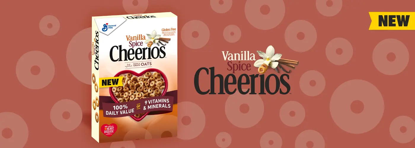 Graphic banner showing a box of NEW Vanilla Spice Cheerios cereal.