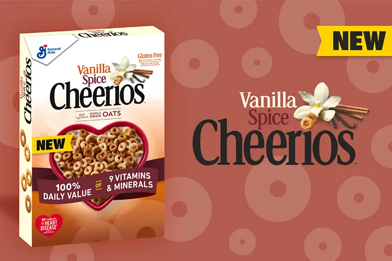 Graphic banner showing a box of NEW Vanilla Spice Cheerios cereal.