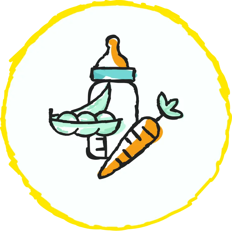 An illustration of a baby bottle, a carrot, and peas inside a yellow circle.