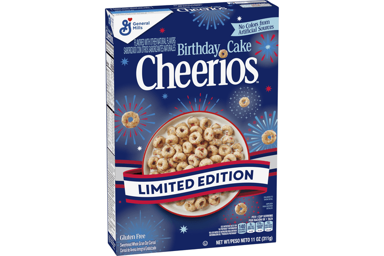 Limited-edition Cheerios Birthday vanilla cake flavored cereal box