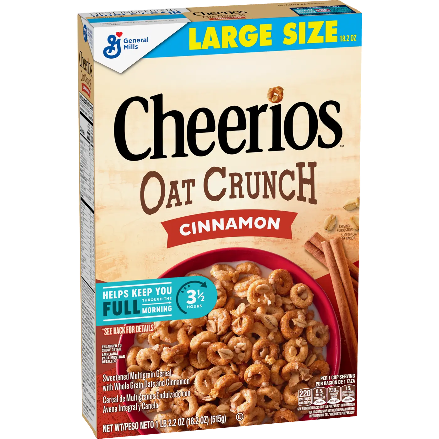 Cheerios Oat Crunch Cinnamon Breakfast Cereal, Made with Whole Grain, Large Size, 18.2 oz, front of package